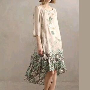 Anthropologie Vanessa Virginia Silk Dress Rainforest High Low Hem Cream Ivory